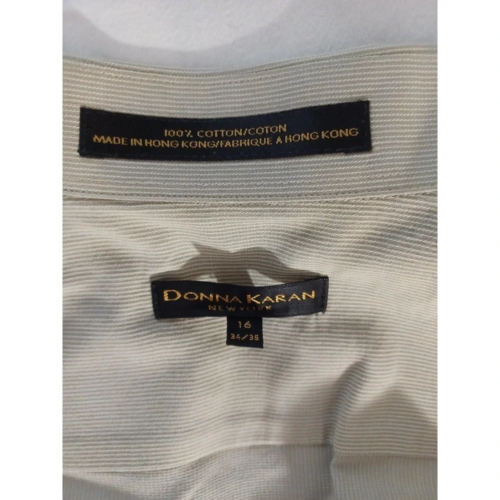 Donna Karan New York Shirt Mens 16‎ 34/35 Beige Stripe Classic Fit Dress Cotton
